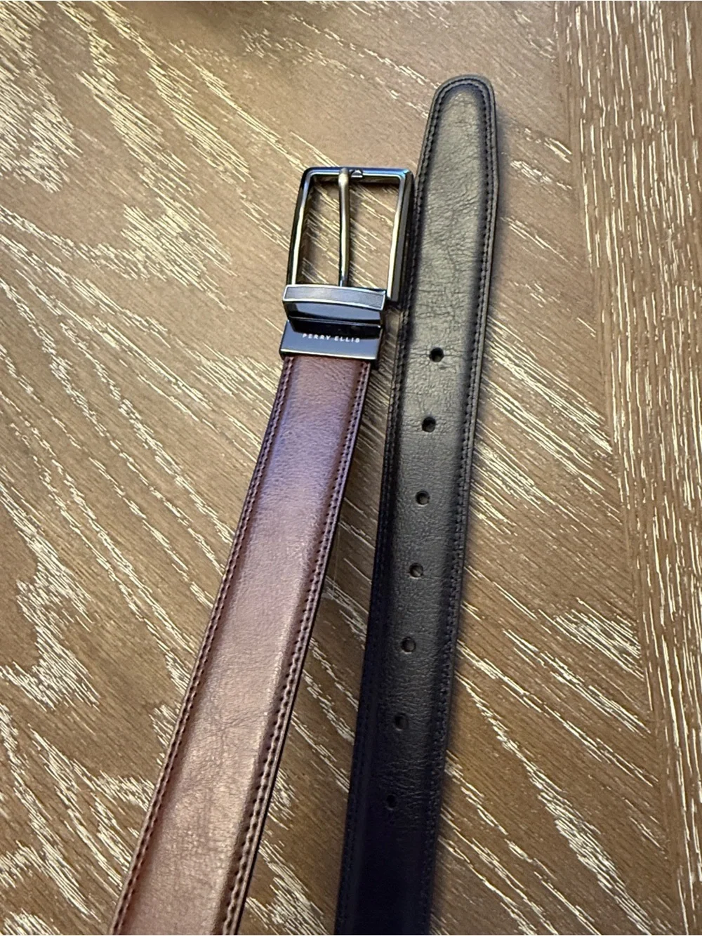 Perry Ellis Brown Black Leather Reversible Belt with Polished Gunmetal Buckle